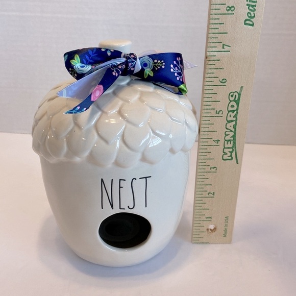 RAE DUNN ACORN “NEST”  BIRDHOUSE Blue Ribbon Detail Decor Piece - Picture 8 of 8